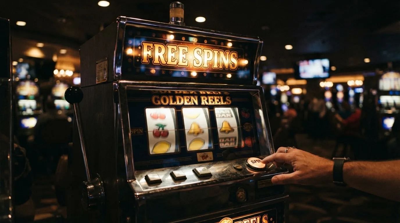 Výherní automat s roztočenými válci, na displeji nápis „Free Spins“, v pozadí logo herního studia
