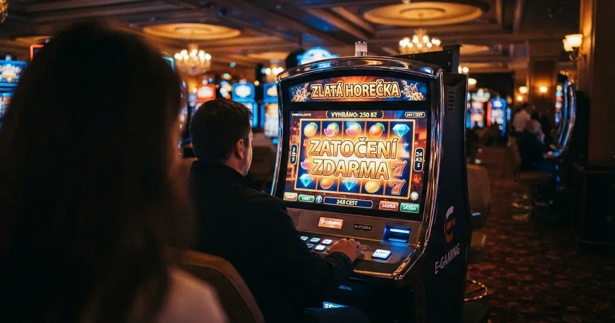 Hráč u obrazovky s roztočenými válci výherního automatu, na displeji nápis Free Spins