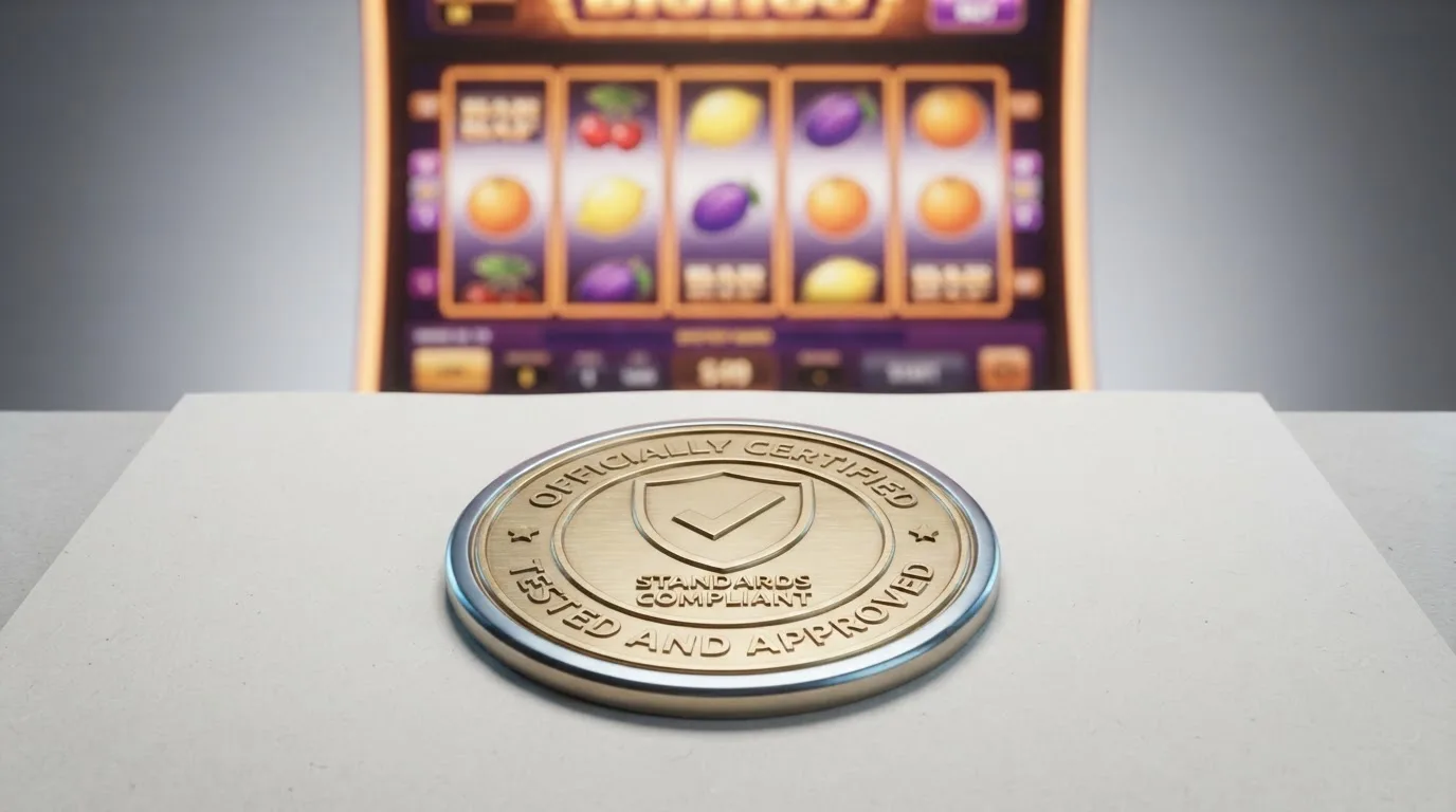 Dokument nebo certifikační pečeť na pozadí rozhraní výherního automatu — symbol toho, že hra prošla nezávislým testováním.