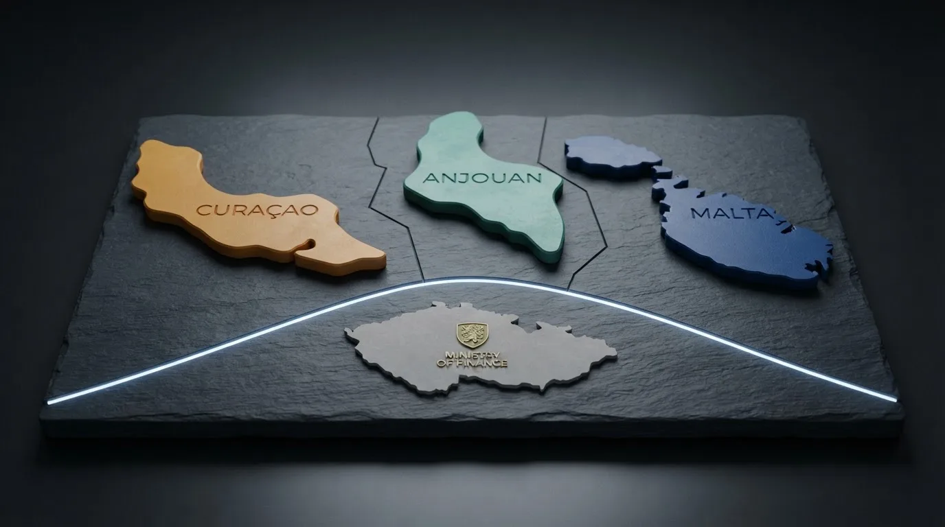 Mapa licenčních režimů — Curaçao, Anjouan a MGA vedle loga Ministerstva financí ČR