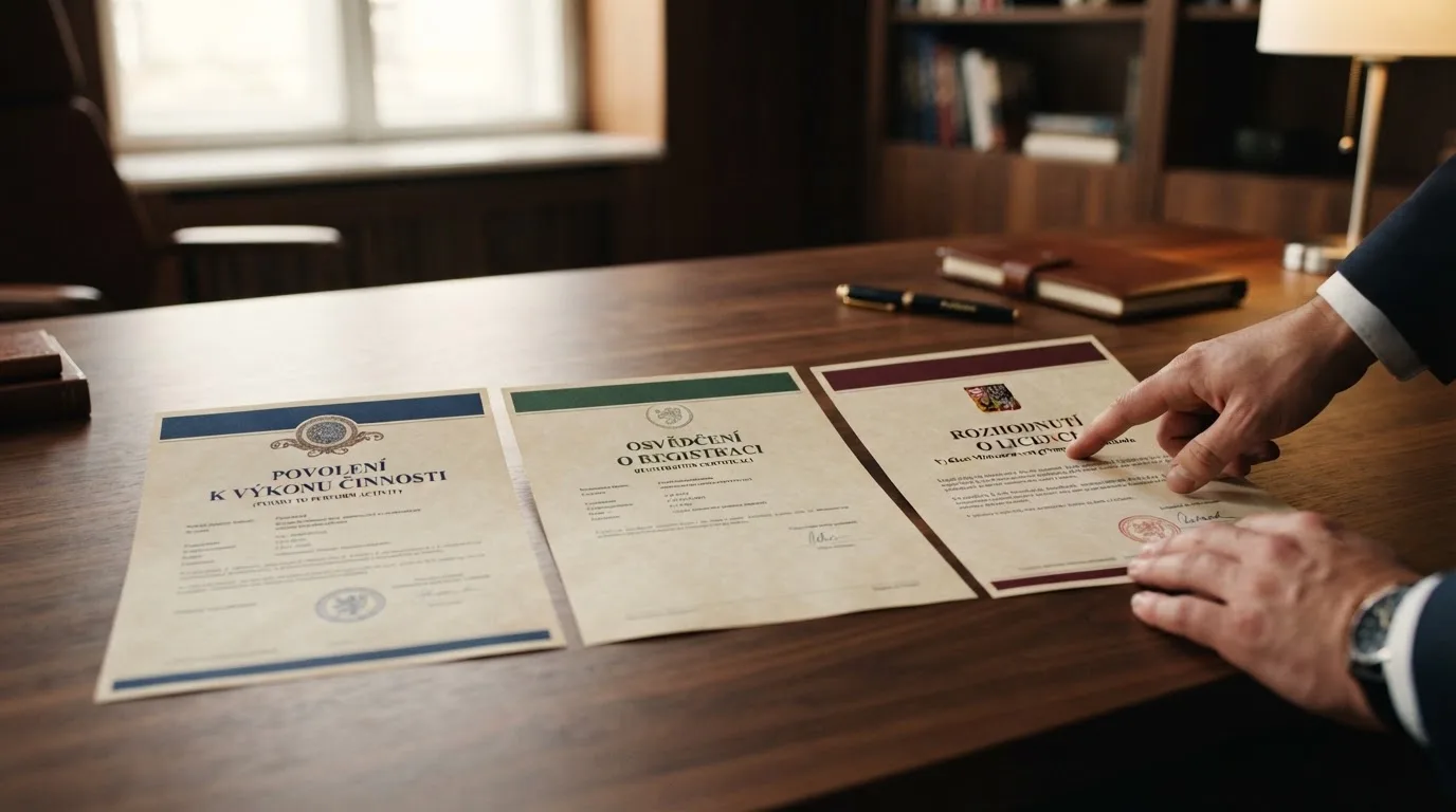 Tři licence vedle sebe — dokument Curaçao GCB, Anjouan OFA a MF ČR — s vyznačenými rozdíly v ochraně hráče
