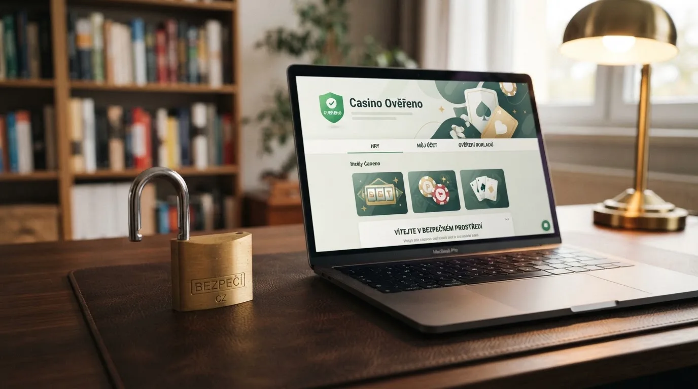Úřední dokument s razítkem a logem regulačního úřadu vedle otevřeného laptopu s logem casina