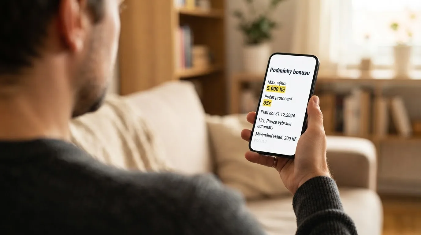 Hráč si na obrazovce telefonu prohlíží podmínky bonusu — zvýrazněné řádky o maximální výhře a wageru
