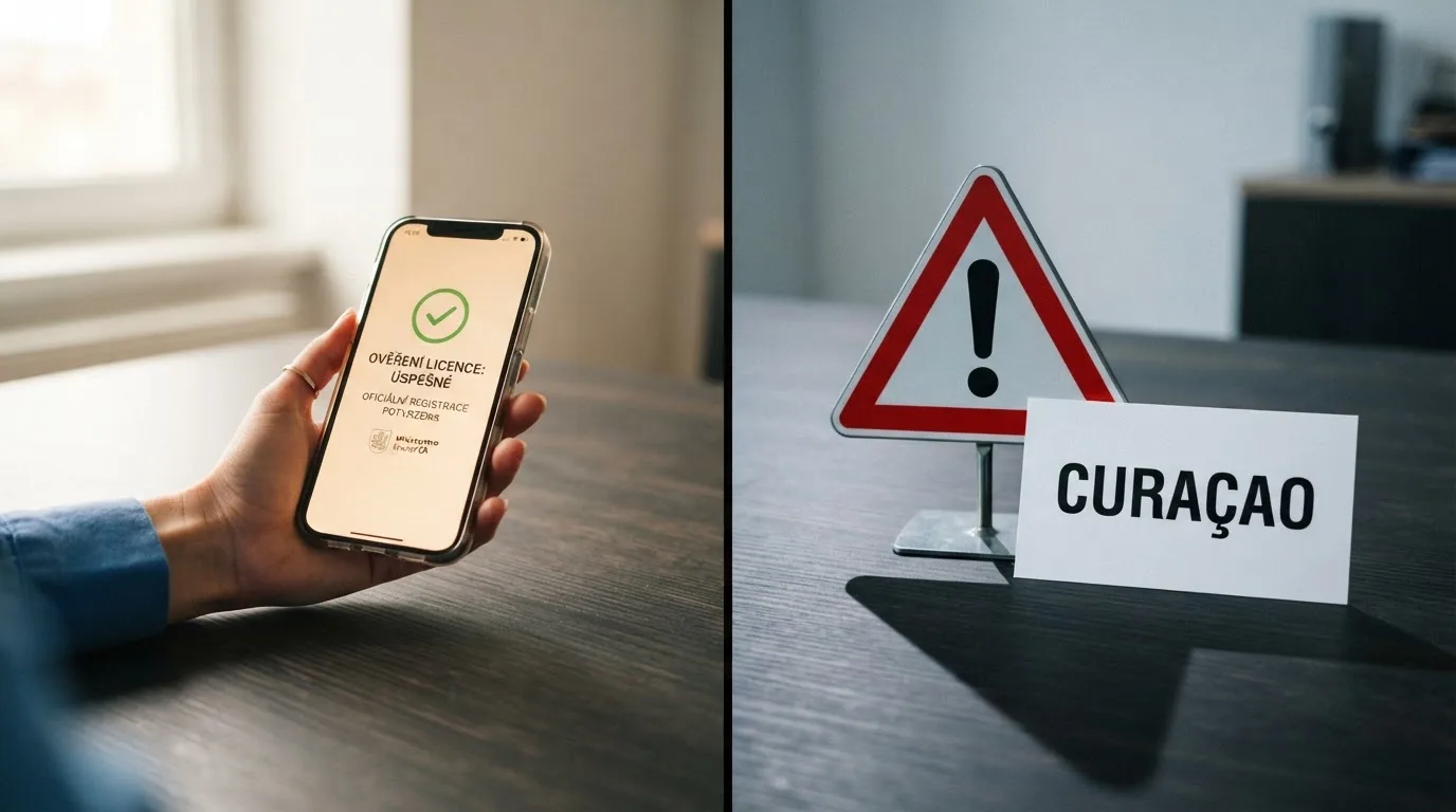Rozcestník — na jedné straně logo MF ČR a česká licence, na druhé varovný symbol a nápis Curaçao