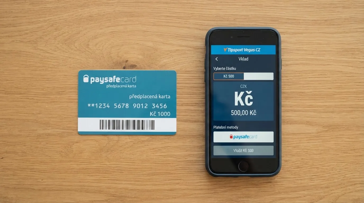 Plastová platební karta Paysafecard položená vedle chytrého telefonu s otevřenou stránkou online kasina