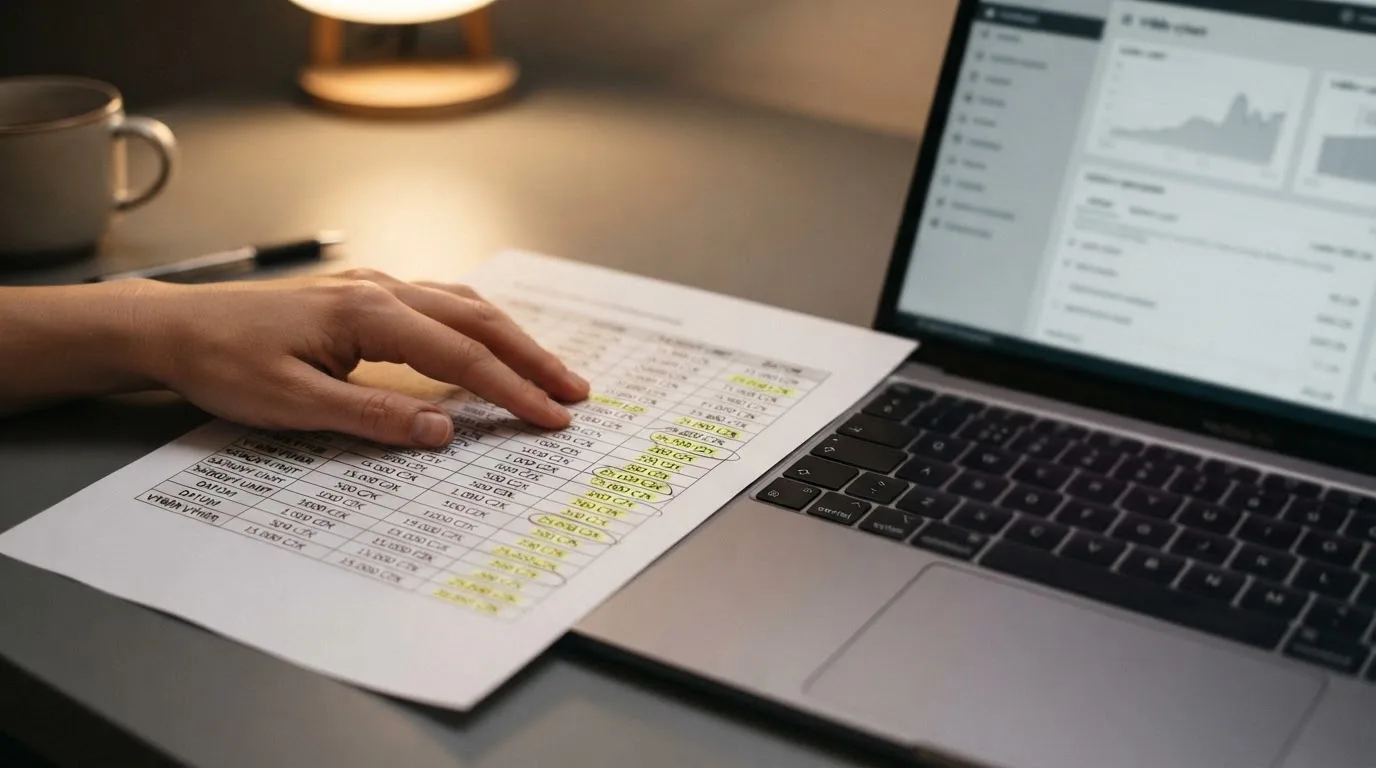 Detailní záběr na ruce u klávesnice, vedle leží vytištěné bonusové podmínky se zvýrazněnými čísly wageringu a maximálního výběru