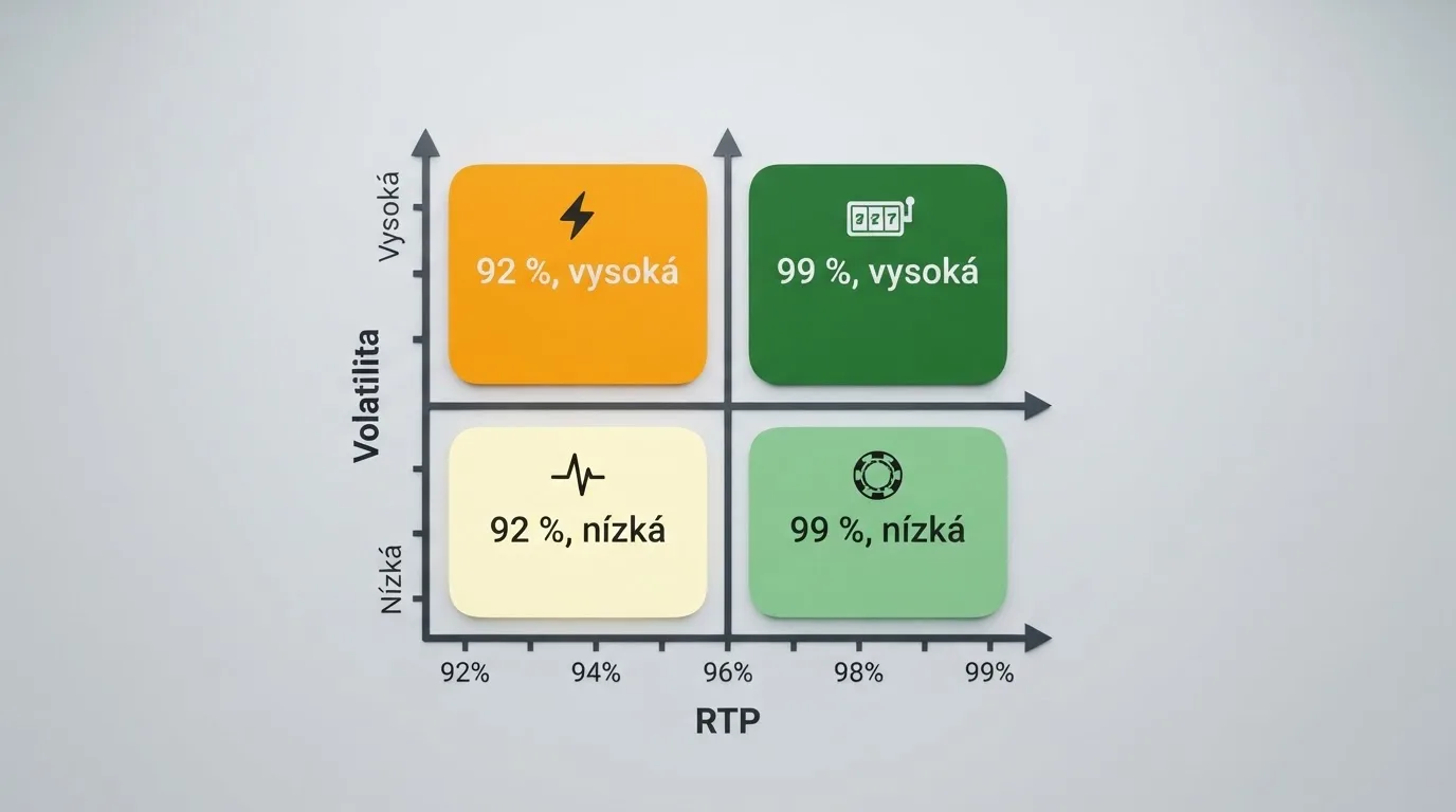Grafické znázornění vztahu mezi RTP a volatilitou — dvě osy, čtyři kvadranty, příklady automatů v každém z nich