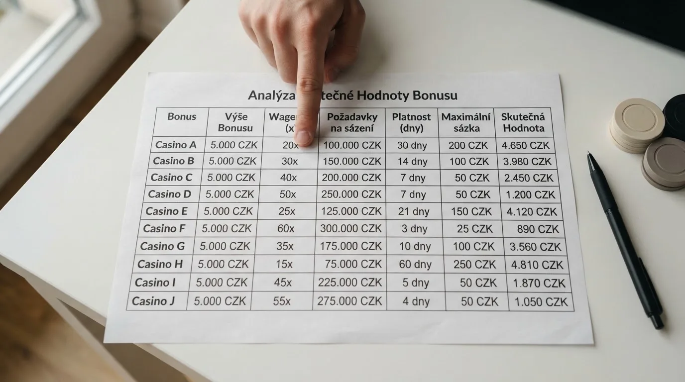 Detailní záběr na tabulku s podmínkami bonusů — vedle sebe sloupce wagering, platnost a výše bonusu